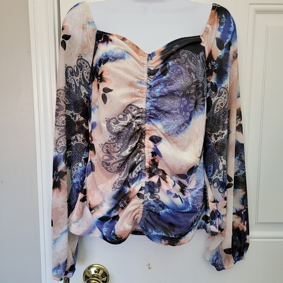 Boston Proper Tops - Boston Proper Ruched Off The Shoulder Blue Cream Watercolor Paisley Blouse Med